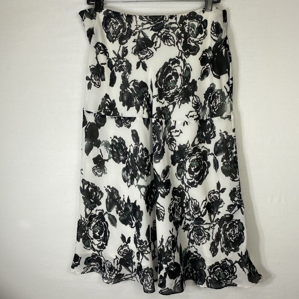 Chadwick's Skirt Midi Floral Black White Ruffle Hem Womens Size 10